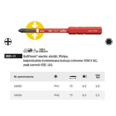 Phillips electric slimBit 2831-11 PH2x75mm by Wiha 34584.