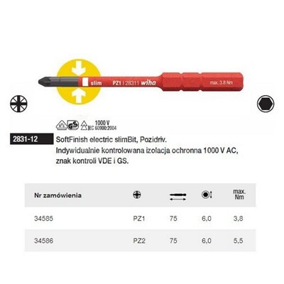 Bit Pozidriv electric slimBit 2831-12 PZ1x75mm Wiha 34585