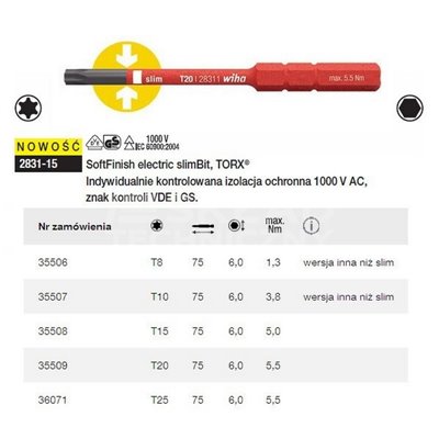 Torx electric slimBit 2831-15 T10x75mm Wiha 35507.