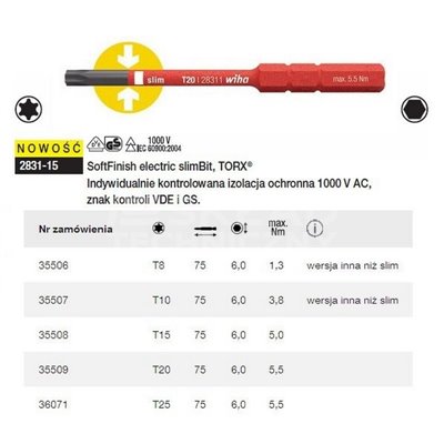 Torx electric slimBit 2831-15 T15x75mm by Wiha 35508.