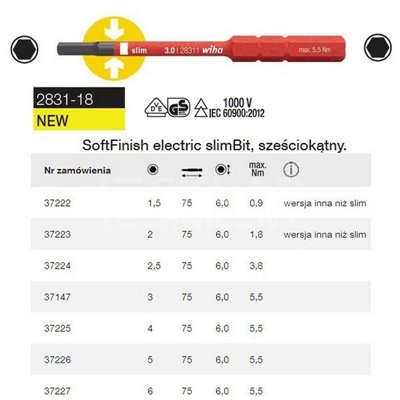 Hexagonal electric slimBit 2831-18 4x75mm Wiha 37225.
