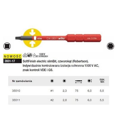 Square Robertson Electric SlimBit 2831-17 2x75mm Wiha 35511.