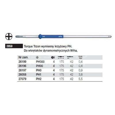 Phillips Torque 2859 PH0x175mm interchangeable shaft by Wiha 26197.