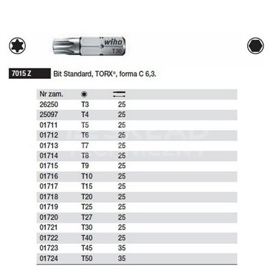 Standard Torx bit, form C 6.3, 7015Z T27x25mm, Wiha 01720.