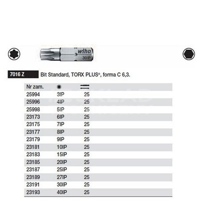 Standard Torx Plus bit, form C, 6.3 size, 7016Z model, 4IPx25mm size, made by Wiha and with product code 25996.