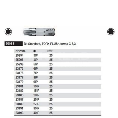 Standard Torx Plus Bit, C shape, 6.3 size, 7016Z, 9IPx25mm, Wiha 23179.