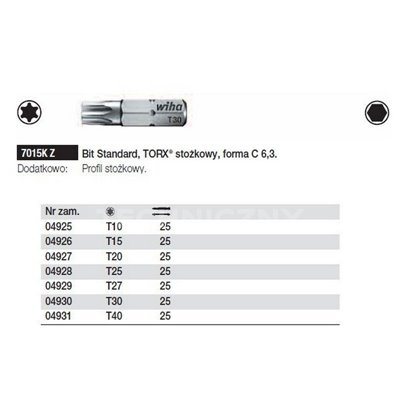 Standard Torx Bit, Conical Shape C 6.3 7015KZ T15x25mm Wiha 04926.