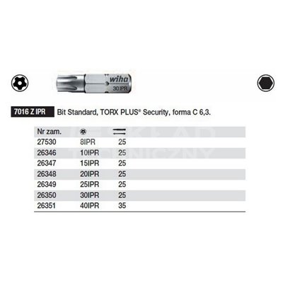 Bit Standard Torx Plus Security forma C 6,3 7016ZIPR 30IPRx25mm Wiha 26350