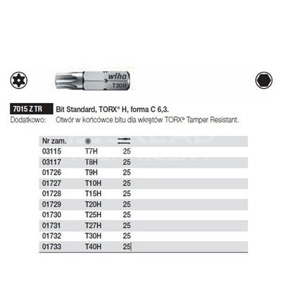 Standard Torx Bit H Shape C 6.3 7015ZTR T27Hx25mm Wiha 01731.
