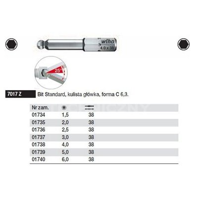 Spherical head ball bit, C form, 6.3 7017Z 2.0x38mm, Wiha 01735.