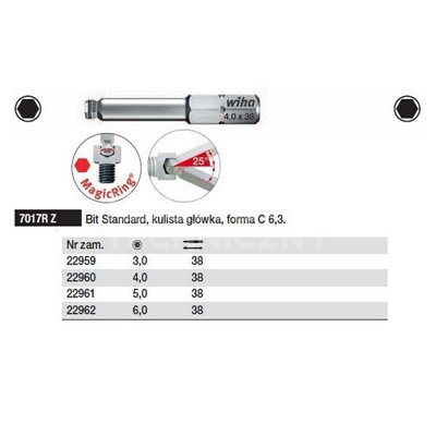 Spherical head standard bit 7017RZ 4.0x38mm Wiha 22960.