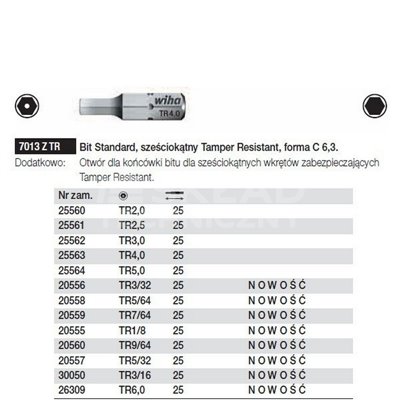 Bit Standard sześciokątny Tamper Resistant 7013ZTR TR2,5x25mm Wiha 25561
