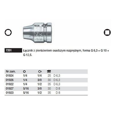 Connector with a ring 7201 form G 6.3 / G 10 / G 12.5 1/4''-1/2'' Wiha 01922.