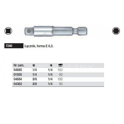 Connector E 6.3 7240 1/4''-1/4'' 100mm, in Wiha 04685 case.