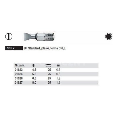 Flat Standard Bit C Form 6.3 7010Z 6.5x25mm Wiha 01626.