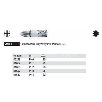 Bit Standard Phillips C form 6.3 7011Z PH0x25mm Wiha 05298.
