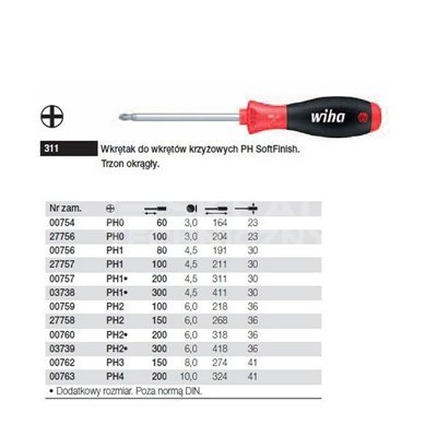 Phillips SoftFinish 311 PH1 100mm screwdriver for Phillips cross-head screws Wiha 27757.