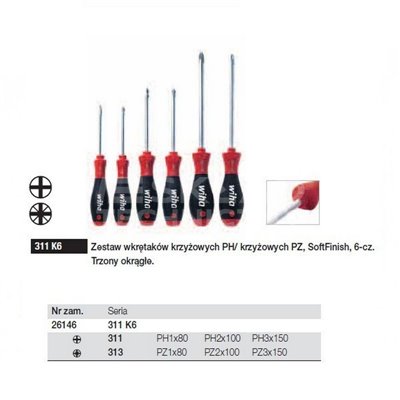 SoftFinish 311K6 PH/PZ 6-piece Phillips/Posidriv screwdriver set by Wiha 26146.
