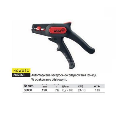 Automatic insulation stripping pliers 24675SB in Wiha 36050 blister pack.