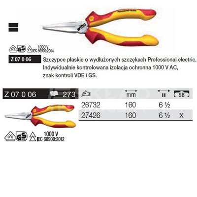 Professional electric VDE flat elongated pliers Z07006 160mm Wiha 26732.