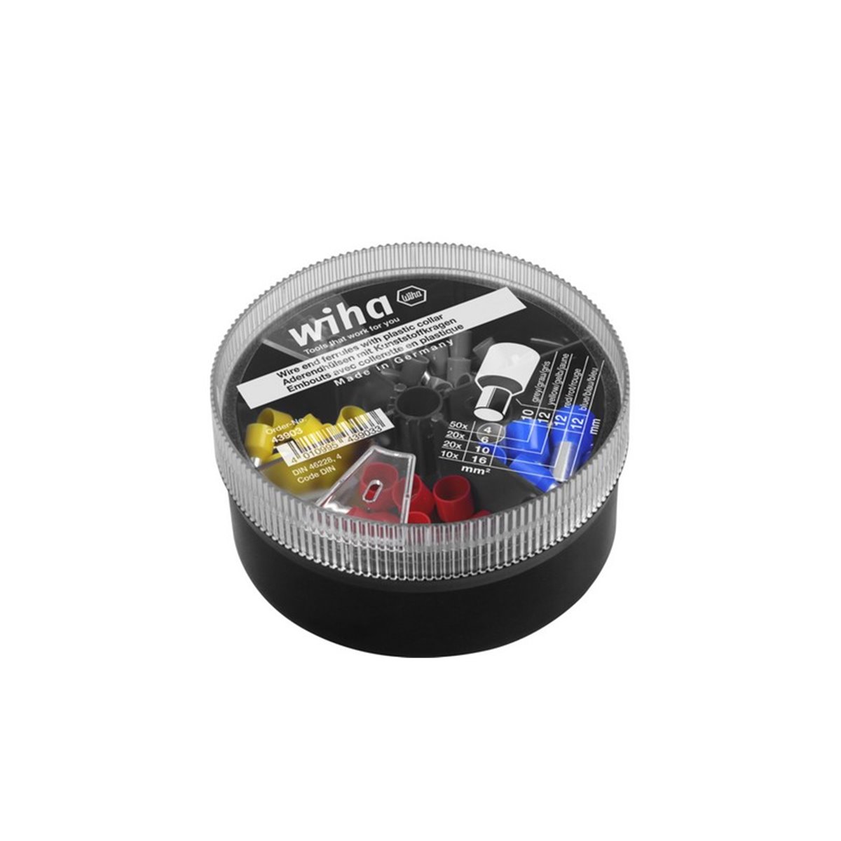 Wiha Wire end sleeves with plastic collar set 4–16 mm², 100 units, DIN colour code, in dispenser (43903)