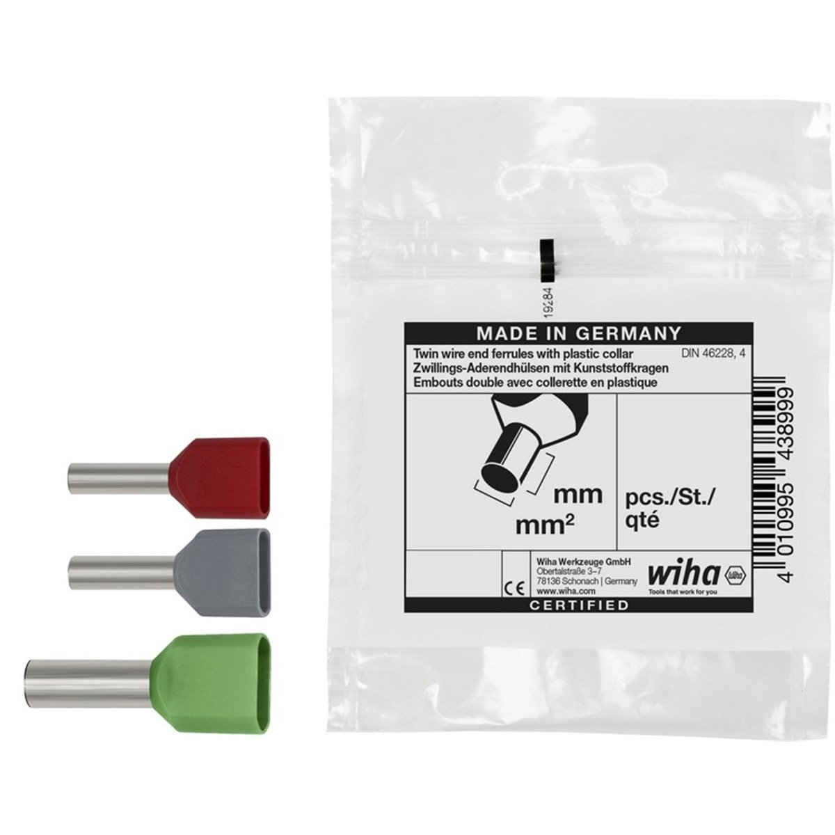 Wiha Twin wire end ferrules with plastic collar 100 units, colour code 1 (FR) & DIN 2 x 1 (43937)