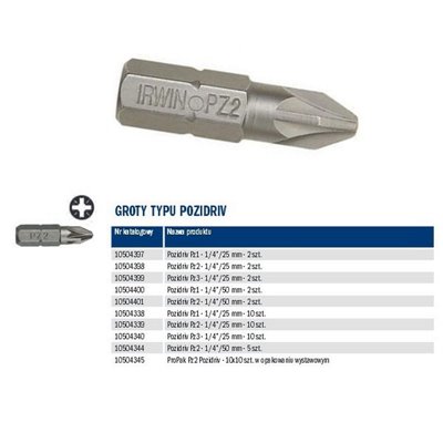 Bit Pozidriv PZ2x50mm - 2 pieces. Irwin